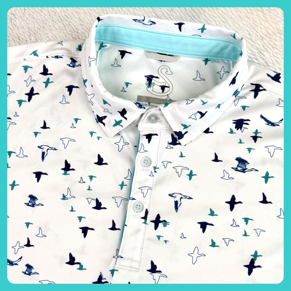 Swannies Drilformance Golf Polo Mens Large White Blue Bird Print Recycled Poly